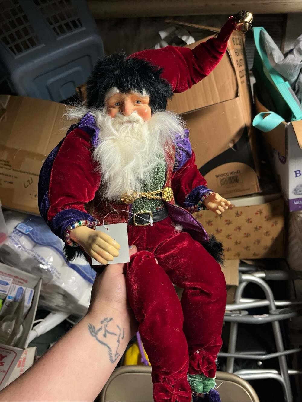 Harlequin Jester Santa Claus Shelf Sitter Doll in Red and Purple Velvet